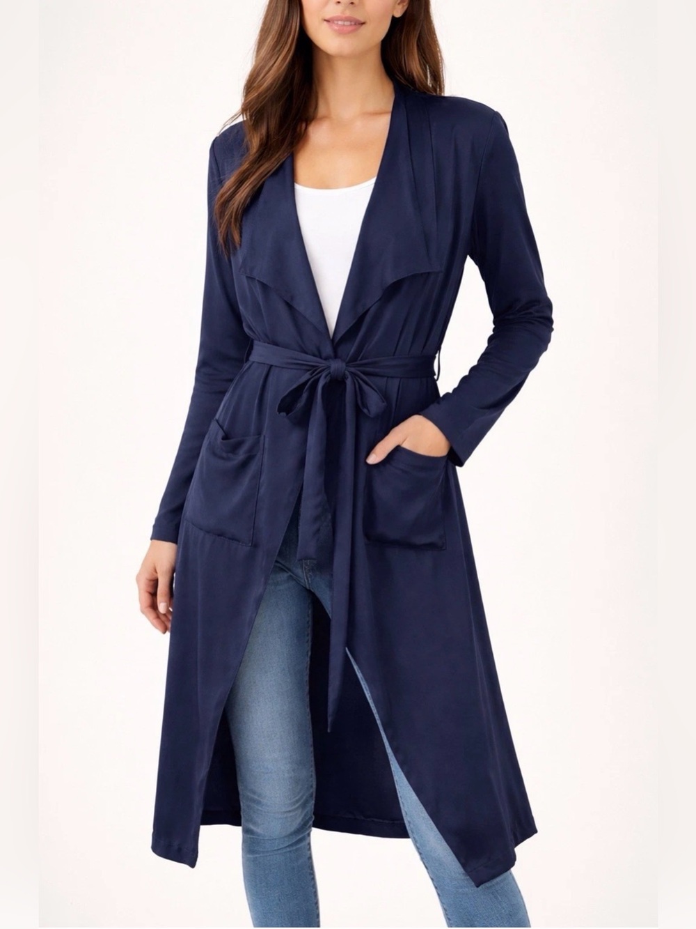 Leith Navy Blue Longline Drape Open Front Belted Cardigan Jacket Size M